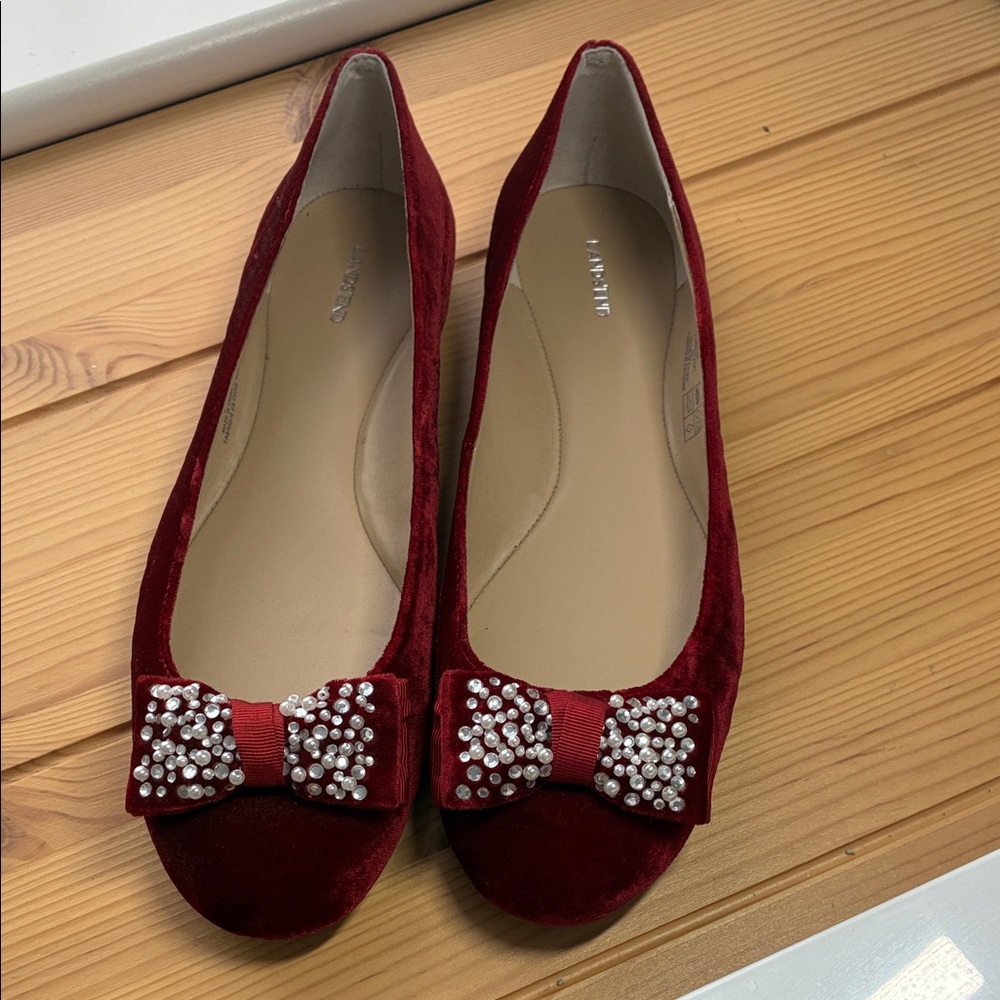 Lands' End Red Velvet Flats with Pearl Bow